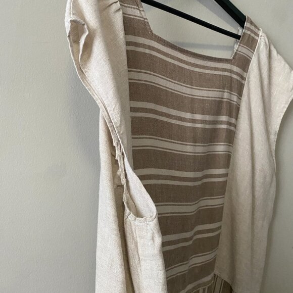 Handmade Plus Size Cotton Linen Patch Pockets Neutrals Brown Stripes Dress - Picture 11 of 15